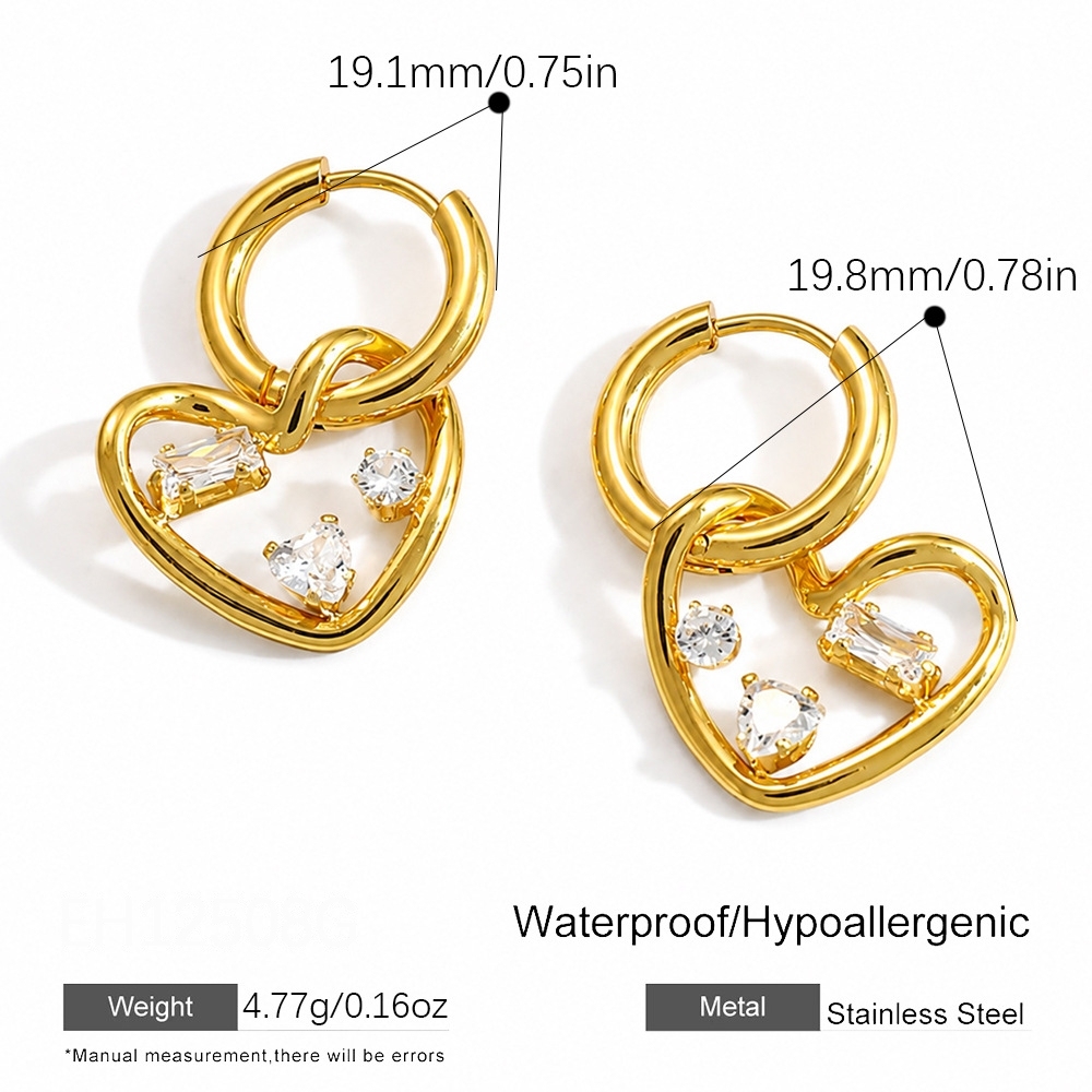 Simple Heart Stainless Steel Waterproof Gold Color Zircon Women's Drop Earrings