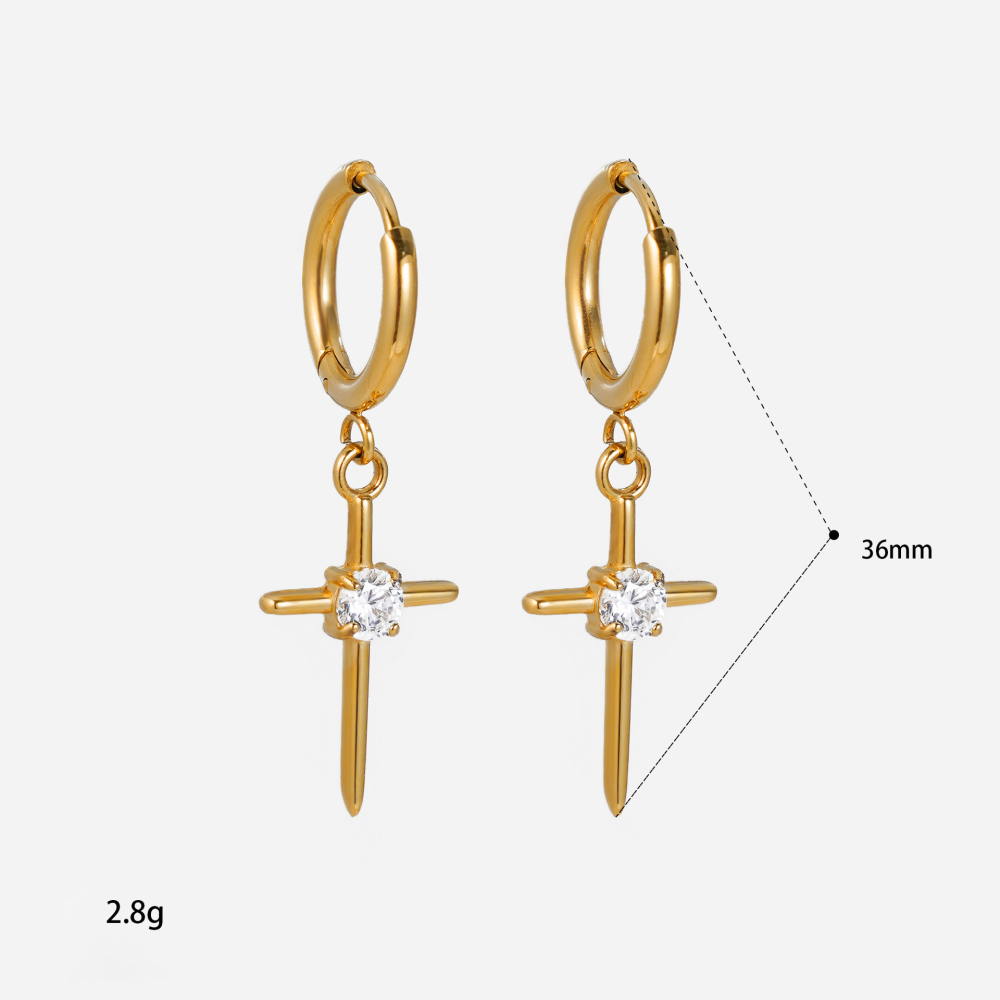 Simple Cross Stainless Steel Waterproof Gold Color Zircon Women's Drop Earrings h5Picture4