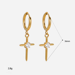 Simple Cross Stainless Steel Waterproof Gold Color Zircon Women's Drop Earrings h5 Picture4