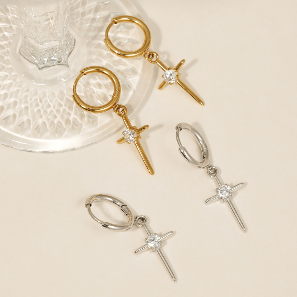 Simple Cross Stainless Steel Waterproof Gold Color Zircon Women's Drop Earrings h5Picture3