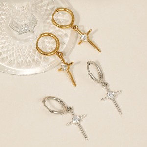 Simple Cross Stainless Steel Waterproof Gold Color Zircon Women's Drop Earrings h5 Picture3