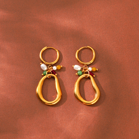 Simple Series Daily Irregular Shape Stainless Steel Waterproof Gold Color Natural Stone Women's Hoop Earrings
