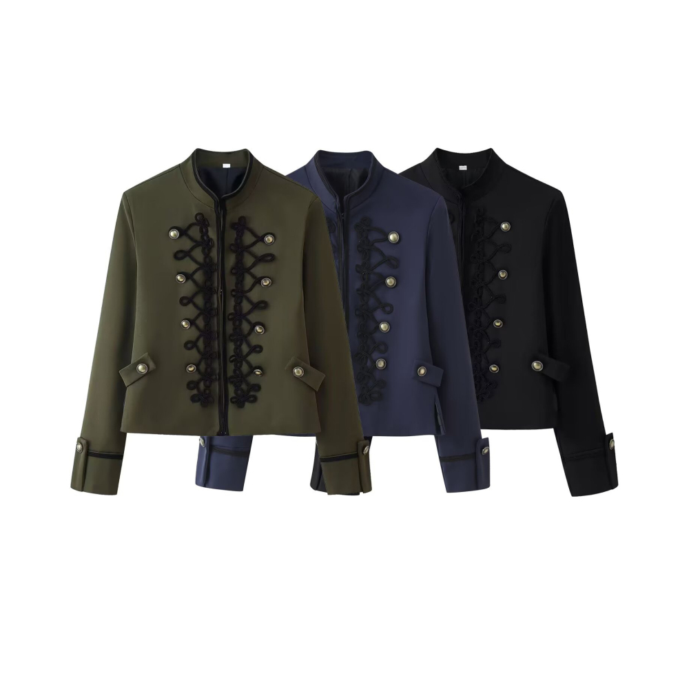 Retro Elegant Versatile Stand Collar Tie Knot Cropped Jackets & Coats h5Picture2