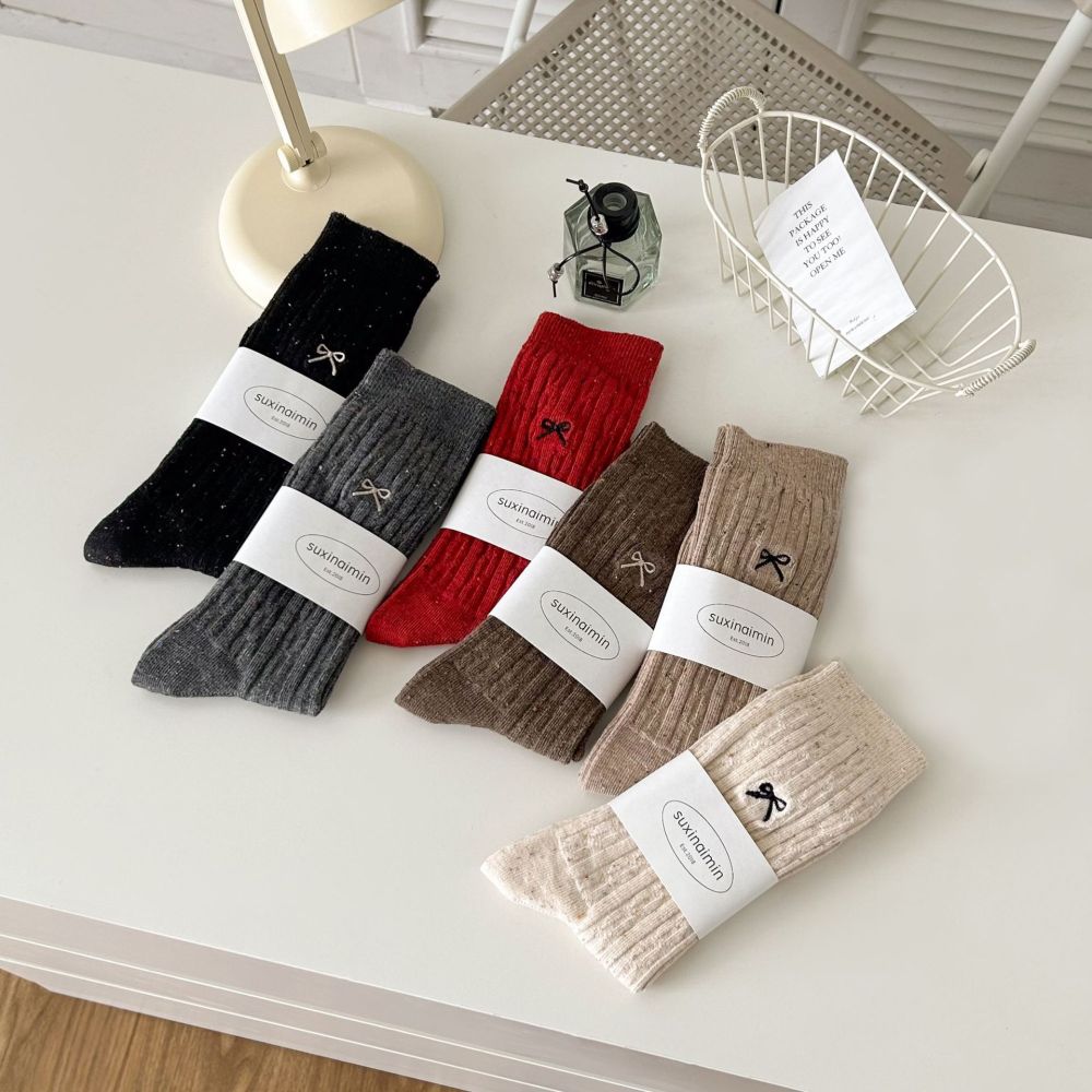 1 Pair Cottone Cute Solid-Color Bow Women's Mid-Calf Socks h5Picture2