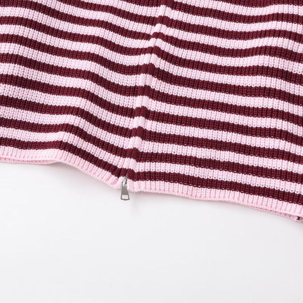 Casual Striped Knit Cardigan With Unique Design Double Zippers h5Picture4