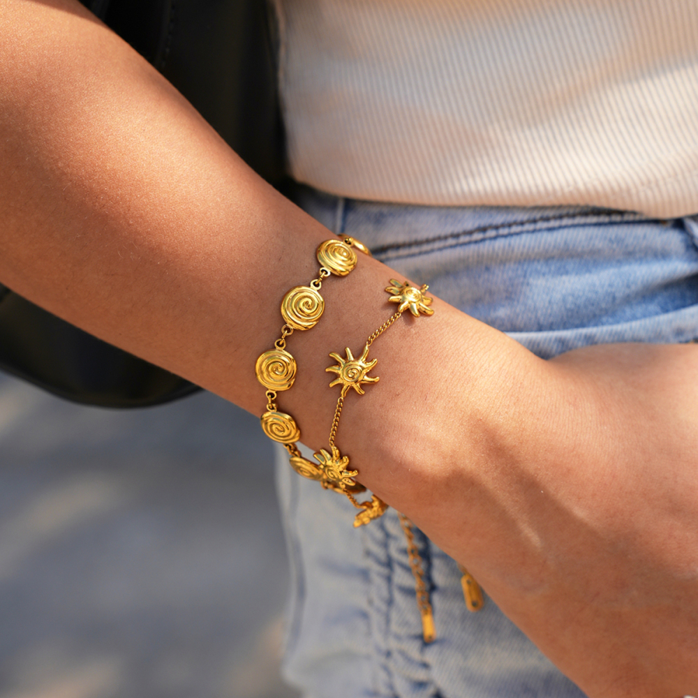 Romantic Series Retro Sun Circle Shell Stainless Steel Waterproof Gold Color Women's Chain Bracelets Picture3