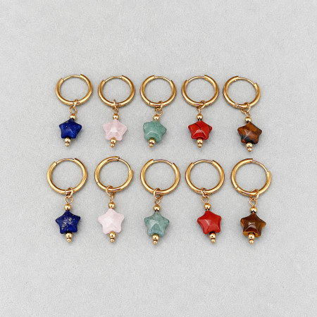 Simple Series Retro Star Circle Stainless Steel Waterproof Gold Color Natural Stone Women's Hoop Earrings