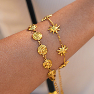 Romantic Series Retro Sun Circle Shell Stainless Steel Waterproof Gold Color Women's Chain Bracelets h5 Picture4