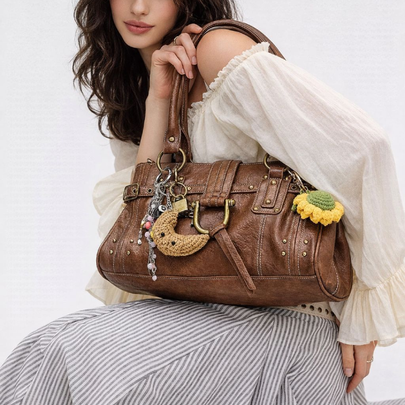 Streetwear Style Metal Hardware Studded Solid Color Key Rivet Premium Quality Pu Women's Square Handbags Picture2