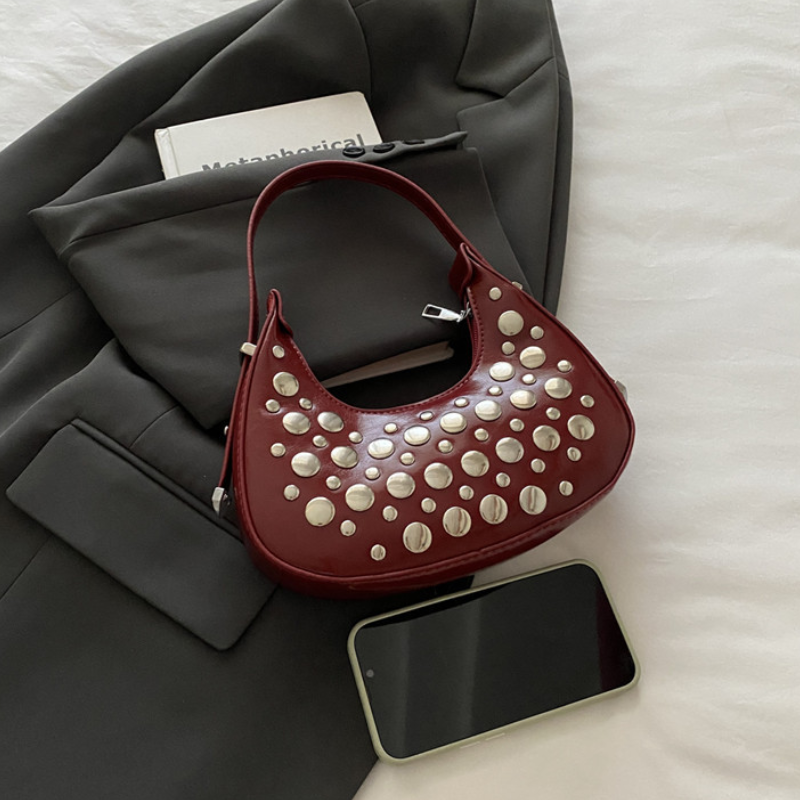 Streetwear Style Metal Hardware Studded Solid Color Rivet Pu Women's Underarm Shoulder Bags h5Picture2