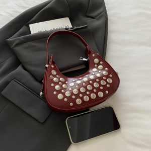 Streetwear Style Metal Hardware Studded Solid Color Rivet Pu Women's Underarm Shoulder Bags h5 Picture2
