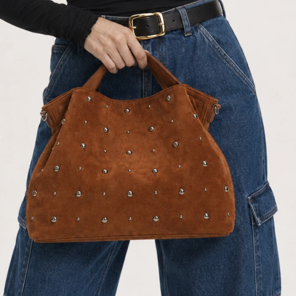 Casual Style Metal Hardware Studded Solid Color Rivet Suede Women's Square Bag Handbags h5Picture4