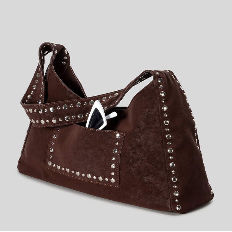 Casual Style Metal Hardware Studded Solid Color Rivet Suede Women's Square Shoulder Bags h5Picture5