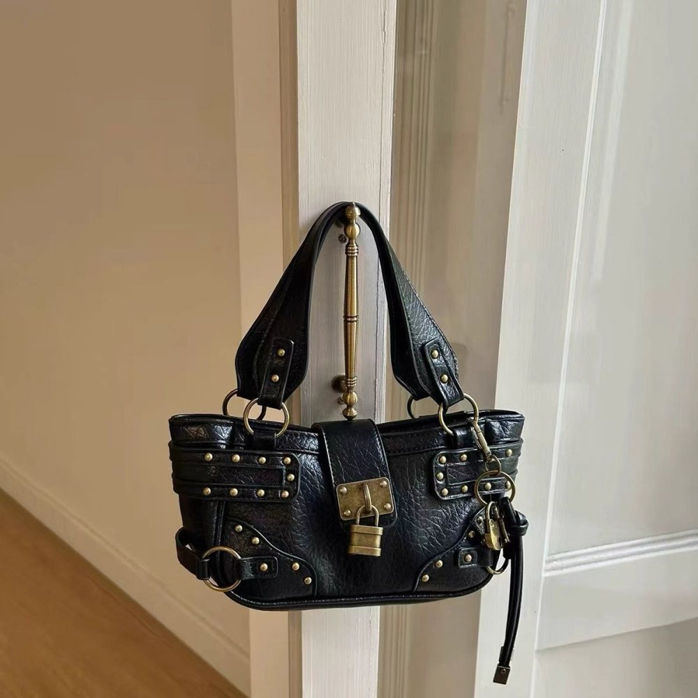 Streetwear Style Metal Hardware Studded Solid Color Lock Rivet Premium Quality Pu Women's Square Handbags h5Picture5