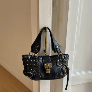 Streetwear Style Metal Hardware Studded Solid Color Lock Rivet Premium Quality Pu Women's Square Handbags h5 Picture5