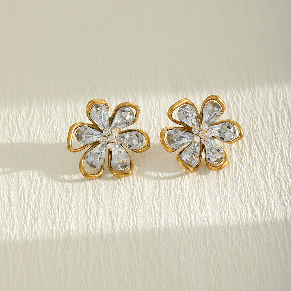 Romantic Series Elegant Flower Stainless Steel Waterproof Gold Color Zircon Women's Stud Earrings Picture3