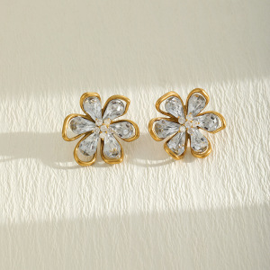 Romantic Series Elegant Flower Stainless Steel Waterproof Gold Color Zircon Women's Stud Earrings h5 Picture3