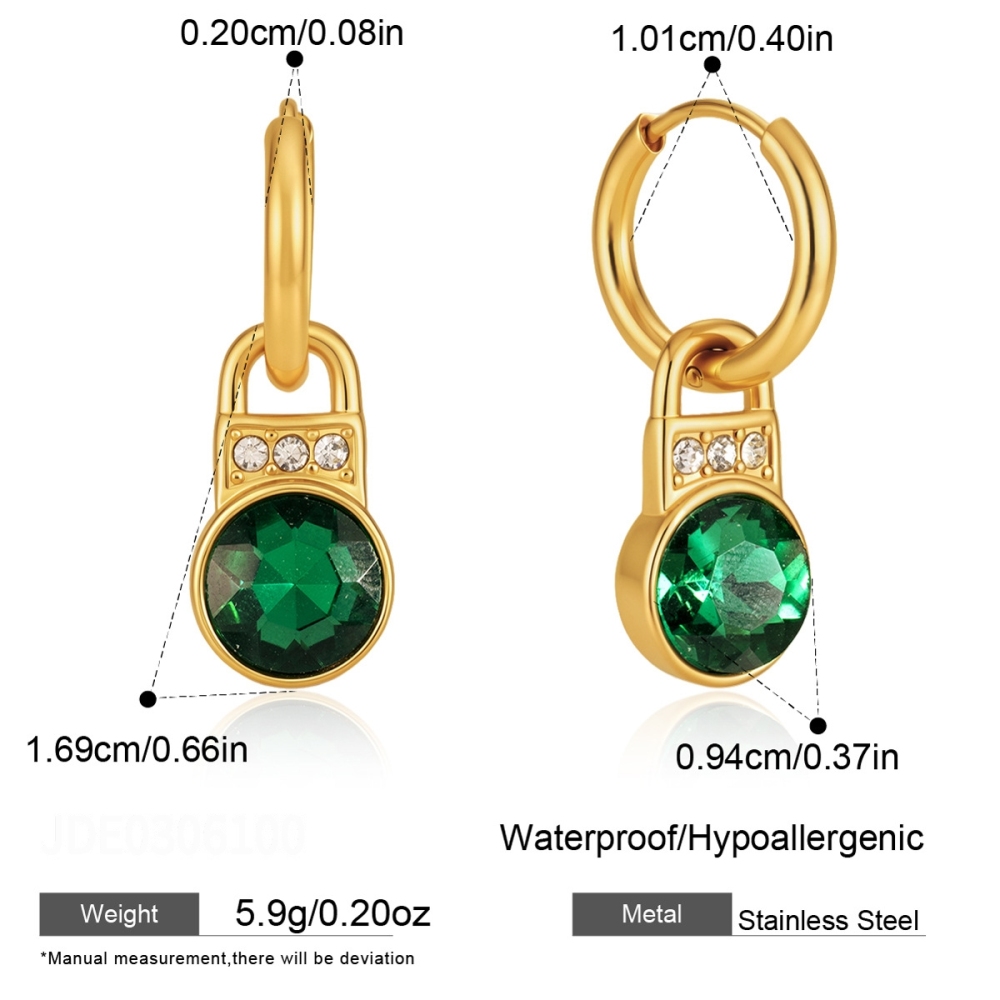 Luxurious Series Elegant Lock Stainless Steel Waterproof   Gold Color  Zircon Women's Drop Earrings 