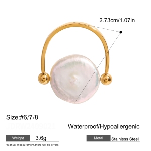 Elegante, Onregelmatig Gevormde, Waterdichte Roestvrijstalen Ringen Met Goudkleurige Zoetwaterparels En Edelstenen Voor Dames. h5 