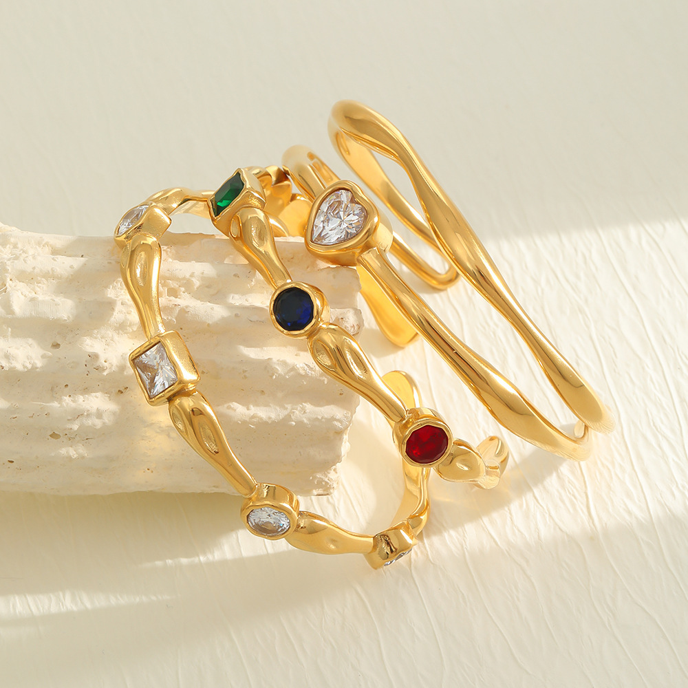 Luxurious Series Heart Geometric Shape Stainless Steel Waterproof Gold Color Zircon Women's Cuff Bracelets Picture2