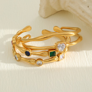 Luxurious Series Heart Geometric Shape Stainless Steel Waterproof Gold Color Zircon Women's Cuff Bracelets h5 Picture3