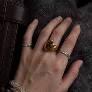 Ellipsvormige Ring Van Natuursteen, Roestvrij Staal, Waterdicht, Goudkleurig, Voor Dames. h5 Afbeelding2