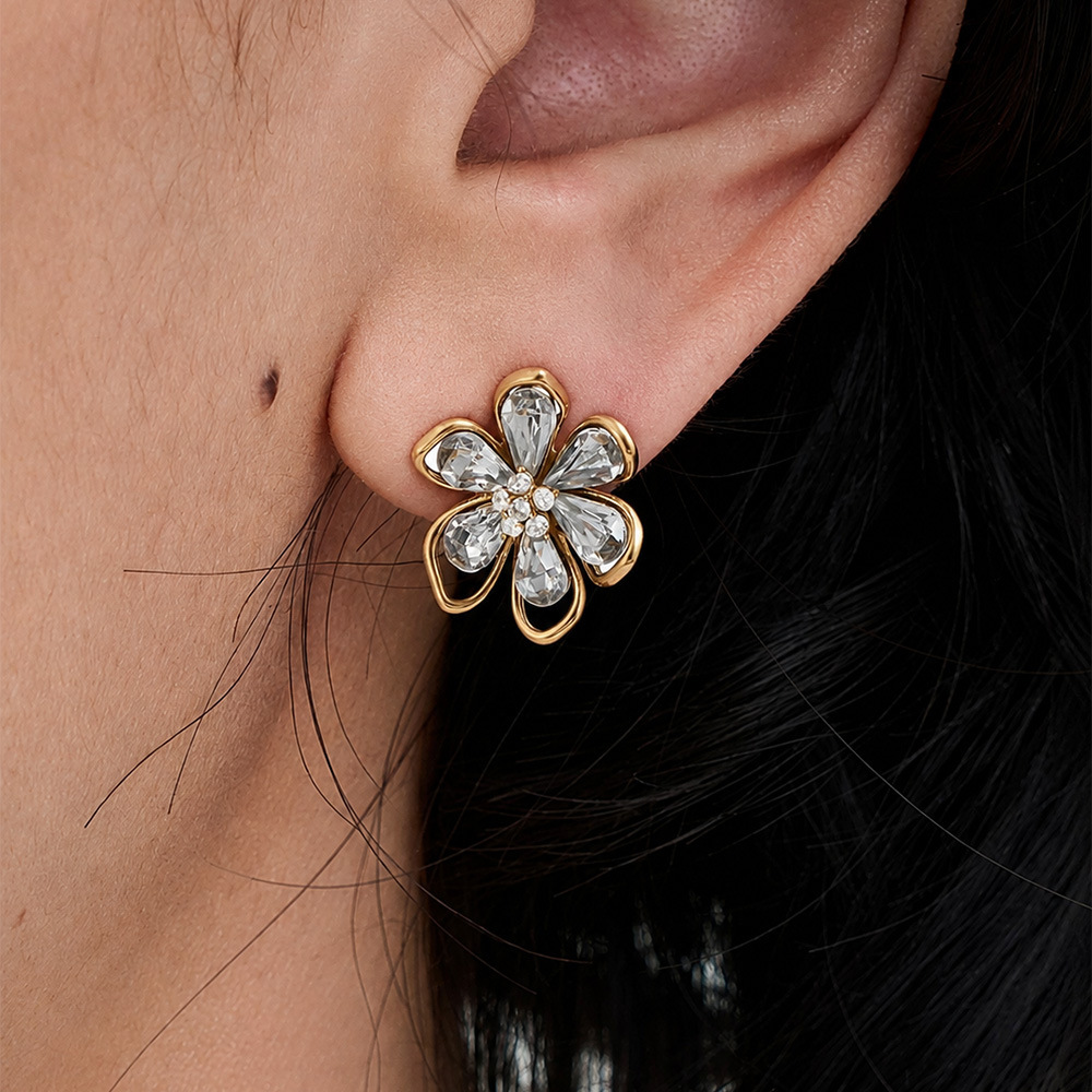 Romantic Series Elegant Flower Stainless Steel Waterproof Gold Color Zircon Women's Stud Earrings Picture4