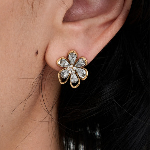 Romantic Series Elegant Flower Stainless Steel Waterproof Gold Color Zircon Women's Stud Earrings h5 Picture4