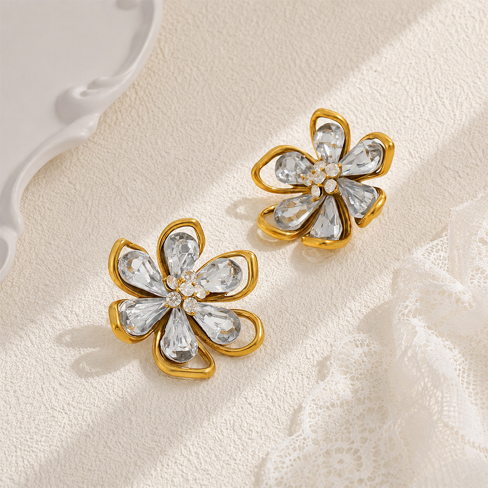 Romantic Series Elegant Flower Stainless Steel Waterproof Gold Color Zircon Women's Stud Earrings Picture2