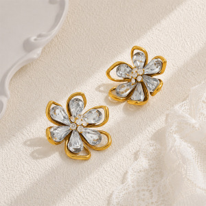 Romantic Series Elegant Flower Stainless Steel Waterproof Gold Color Zircon Women's Stud Earrings h5 Picture2