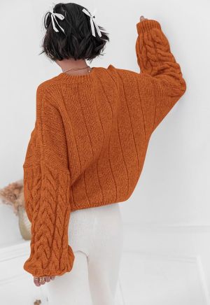 Retro-Pullover Aus Einfarbigem, Lockerem Zopfstrickmuster h5 Bild5