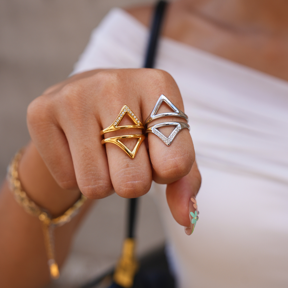 Simple Series Triangle Stainless Steel Waterproof Gold Color Rhinestone Statement Rings Picture4