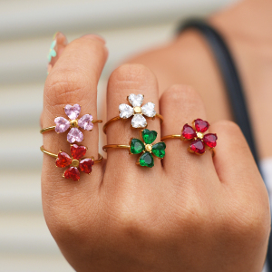 Luxury Series Simple Flower Stainless Steel Waterproof   Gold Color  Zircon Gemstone Rings h5 Picture3