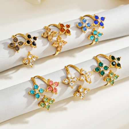 Luxurious Series Elegant Clover Stainless Steel Waterproof Gold Color Zircon Women's Gemstone Rings