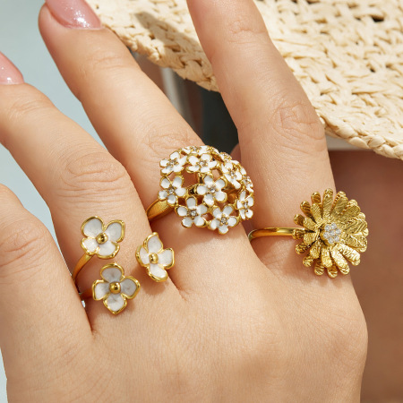 Romantic Series Elegant Enamel Flower Stainless Steel Waterproof Gold Color Zircon Statement Rings