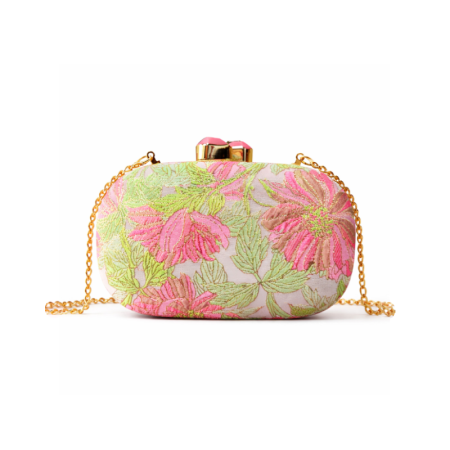 Akşam Stili İşlemeli Çiçek Karışık Renk Gül Desenli Kumaş Kadın Yuvarlak Çanta Clutch 2