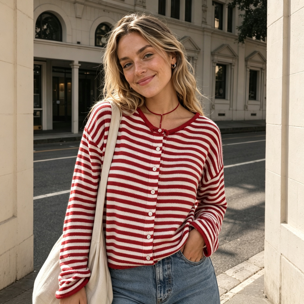 Fashion Color Block Striped Versatile Mock Neck Knit Cardigan