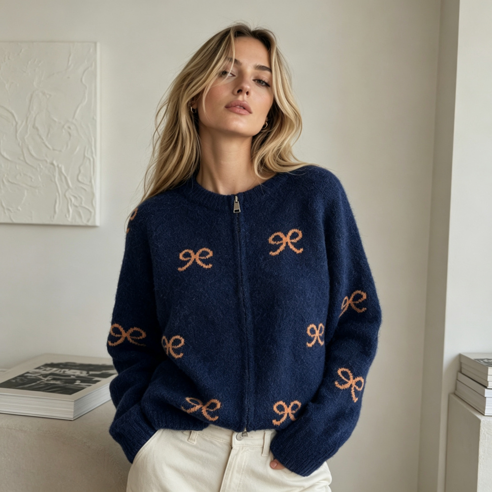 Elegante, Farblich Abgesetzte Strickjacke Mit Schleife 