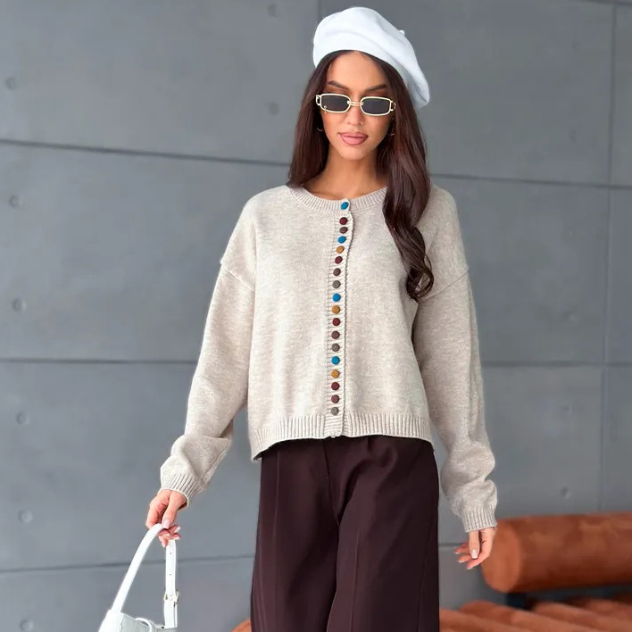 Casual Color Clash Button Straight Knit Cardigan