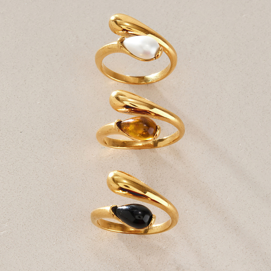 Simple Irregular Shape Stainless Steel Waterproof Gold Color Natural Stone Statement Rings h5Picture2