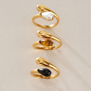 Simple Irregular Shape Stainless Steel Waterproof Gold Color Natural Stone Statement Rings h5 Picture2
