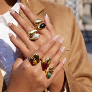 Simple Irregular Shape Stainless Steel Waterproof Gold Color Natural Stone Statement Rings h5 Picture3