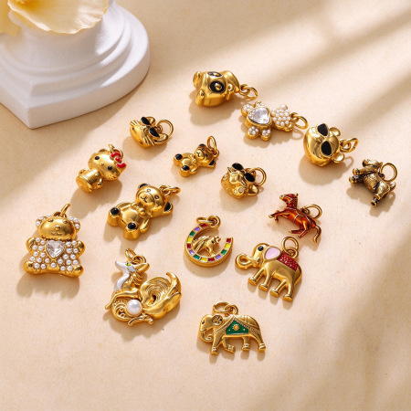Ciondoli Da Donna Simple Series Diy A Forma Di Animale, In Acciaio Inossidabile Impermeabile Color Oro Con Strass E Zirconi. 2