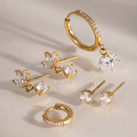 Flower Stainless Steel Waterproof Gold Color Zircon Women's Earring Sets 2