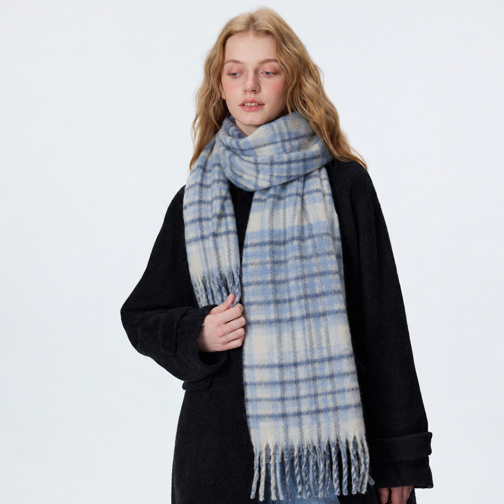 Simple Series Casual Solid Color Plaid Tassel Wool Polyester Blend Winter Scarves h5Picture3