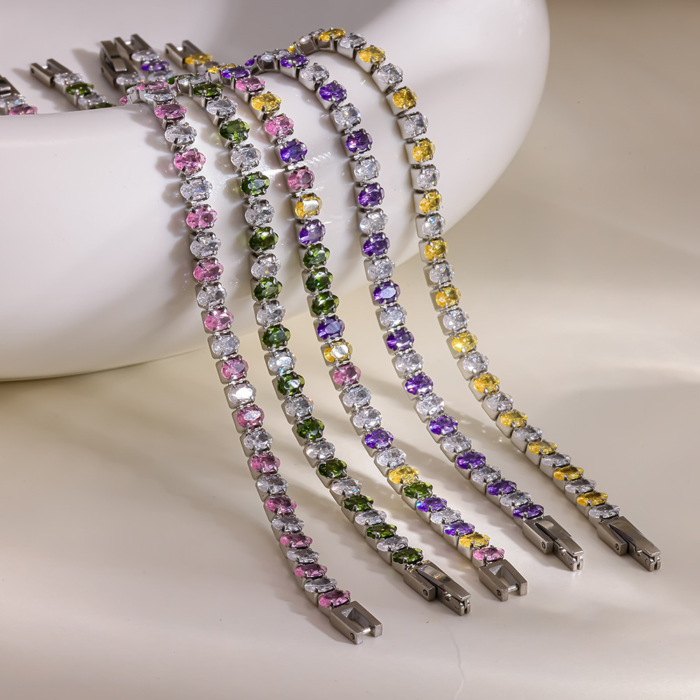Luxurious Series Elegant Ellipse Shape Geometric Shape Stainless Steel Waterproof Gold Color Zircon Women's Chain Bracelets h5Picture3