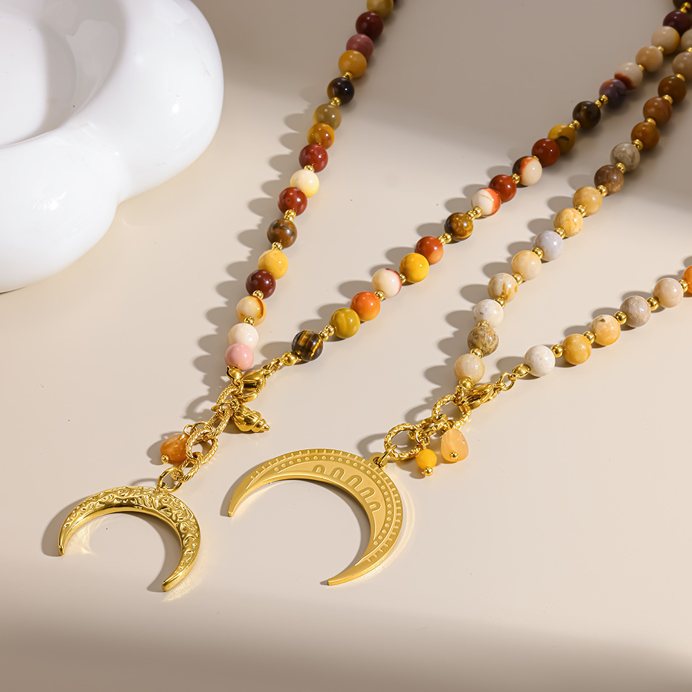 Ethnic Series Retro Beads Moon Geometric Shape Stainless Steel Gold Color Women's Beaded Necklaces Picture2