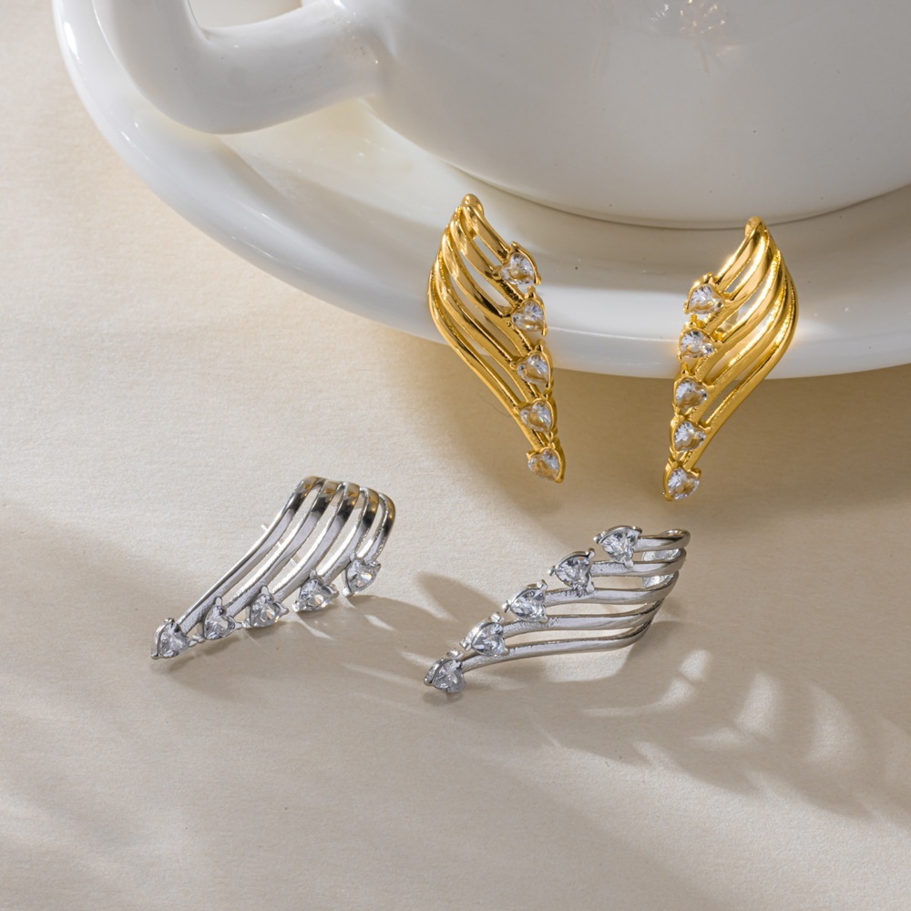 Wings Shape Stainless Steel Waterproof Gold Color Rhinestone Women's Stud Earrings Picture2