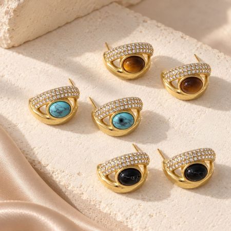 Devil's Eye Stainless Steel Waterproof Gold Color Natural Stone Zircon Women's Hoop Earrings 2