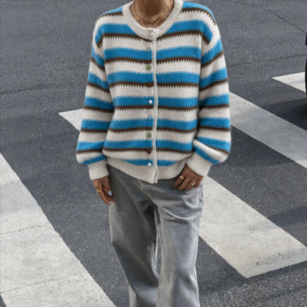 Retro-Strickjacke Mit Streifen Und Knöpfen, Gerade Geschnitten Bild5